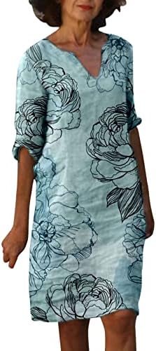 Žene casual retro sundess cvjetni otisak v vrat pamučno posteljina srednje duljine srednje duljine haljine od srednje duljine mini
