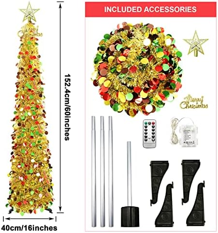 5 ft Pop up božićno drvce, zlatno božićno drvce srušivo s 8 treperi modusa 50 LED, limenki božićno drvce za odmor božićni kućni ured