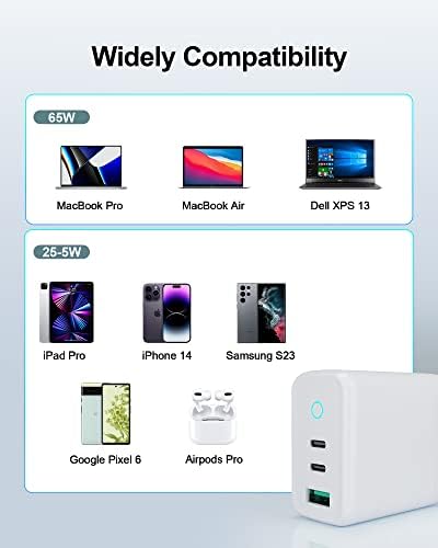 Huicn 65W GAN USB C Adapter za napajanje s 3 porta USB PD 3.0 QC 3.0 Type C zidni punjač za iPhone Samsung LG Moto Google Tablet Smartphone