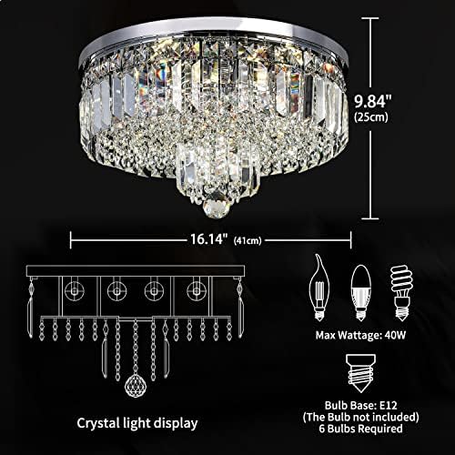 16 inča 6 svjetiljki moderni kromirani kristalni luster za ugradnju LED stropna rasvjeta svjetiljka za blagovaonicu kupaonice spavaće
