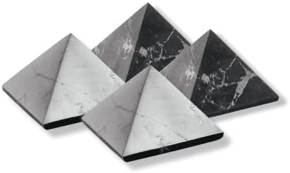 Karelianmasters Shungite Stone piramide Veleprodaja set od 4 kom. - 1,6 inča | Polirani i nepolirani čvrsti kamen | Meditacija, uravnoteženje