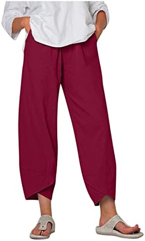 Ljetne lanene hlače za žene labave fit pamučne posteljine capri gant vintage print ljeto plus ošišane hlače s džepovima