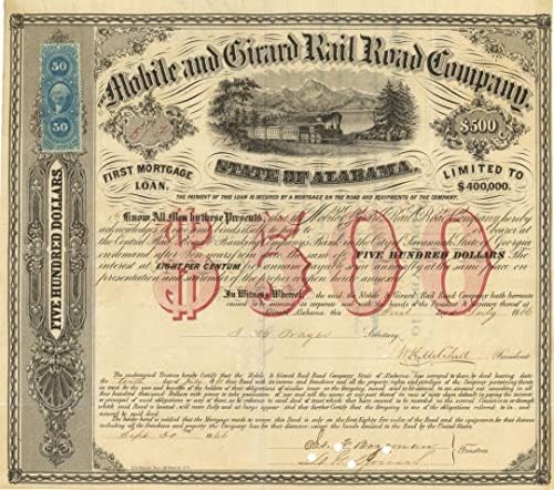 Željeznica Mobile i Girard-željeznička obveznica od 500 dolara iz 1860-ih-izvrsna rana grafika s DC prihodima