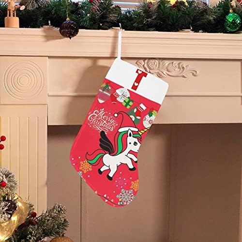 Monogram Djeda Mraza Unicorn božićna čarapa s slovom t i srcem 18 centimetara velike crvene i bijele