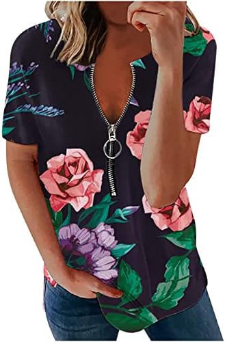 Ceboyel ženski cvjetni print casual majice pola zip henley majice bluze kratki rukavi dame ljetni flowy vrhovi 2023