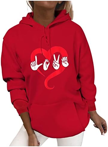 Valentinovo smiješni vrhovi za žene Slatko srce grafički pulover s kapuljačom puloverske dukseve ležerne džepne kapuljače s dugim rukavima