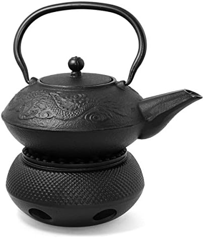 Željezni čajnik + topliji ~ japanski antikvitet 24 fl oz Crni kineski zmaj dizajn tetsubin od lijevanog željeza s infuserom + topliji