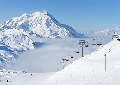 Pozadina od tkanine za fotografiranje zimskih snježnih planina od 5 do 5 stopa, bijele snježne Alpe, žičare, skijalište, plavo nebo,