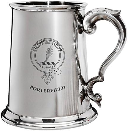 Porterfield Family Crest polirani pewter 1 pint tankard s ručicom za pomicanje