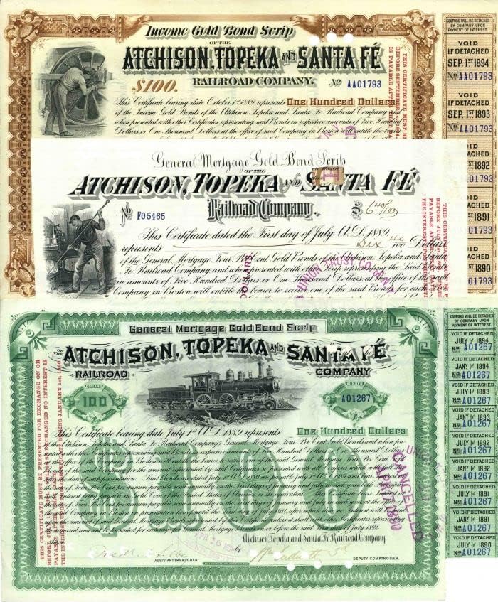 Grupa od 3 obveznice-željeznica Atchison, Topeka i Santa Fe - tri predmeta iz 1880-ih i 90-ih