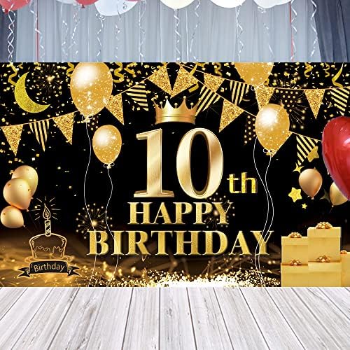 Pozadina 10. rođendana, natpis, crno zlato, plakat s 10. znakom, 10 potrepština za rođendansku zabavu, za foto kabinu za godišnjicu,