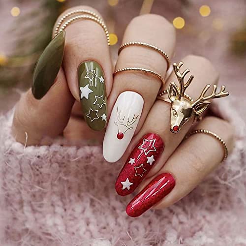 Božićni ispis na noktima s uzorcima pahuljica i jelena, Francuski vrh srednjih lažnih noktiju, ljepilo u obliku badema na noktima,