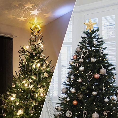 Ukidani božićno drvce Topper osvijetljen toplim bijelim zvijezdama, 3D Glitter Hollow Zlatna zvijezda Xmas Tree Topper, vodio se božićni