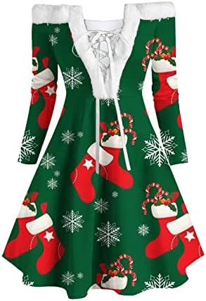 Tifzhadiao ženske božićne koktel haljine Strappy v Neck Fuzzy Off Sard Dress haljina Xmas Tiskana haljina dužine koljena