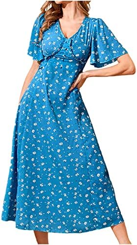 Ženska ležerna ljetna haljina lepršava dugačka haljina s kratkim rukavima Boemski cvjetni print Slim Midi zabavna haljina