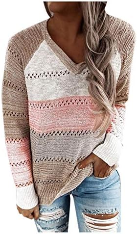 Džemperi muduh za žene obrezani v-izrez labave boje kontrast modnog šivanja šuplje casual pulover