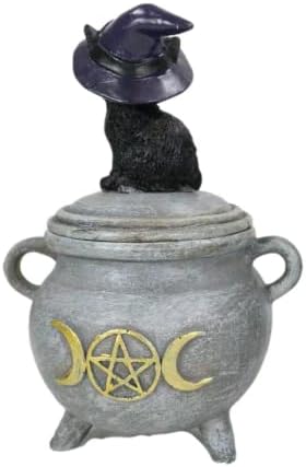 Poklon omot, Crna Mačka u vještičjem šeširu koja sjedi na kutiji kotla, polirezinskom nakitu ili držaču novčića, 3,93 inča, 3,14 inča,