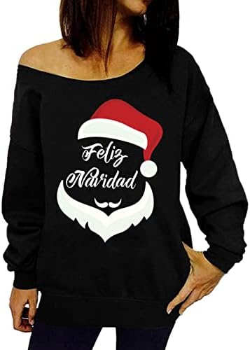 FMCHICO WOMAN'S PlourHirt Božićni print Kauzalna bluza s ramena dugi rukav labavi slojevi pulover plus vrhovi veličine