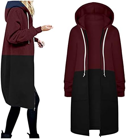 Ženska boja u boji jakne za crtanje zatvarača tople otvorene kapuljače dukserice dugački kaput moda casual casual womens