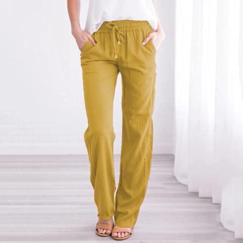 Ležerne ljetne pamučne lanene hlače za žene široke hlače s džepovima široke jednobojne hlače ravnih nogavica hlače za plažu