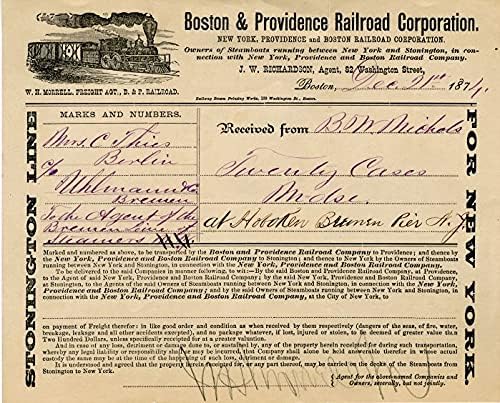 Potvrda o isporuci-željeznička korporacija Boston i Providence-M. A.