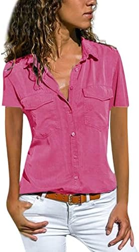 Bluze za žene lapel v vrat kratki rukavi majice ljetne solidne ležerne labave majice gumb dolje s džepom