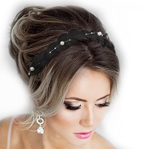 _ Traka za glavu od sintetičke kose s bisernim pletenicama široka traka za kosu elastični šinjon za žene i djevojke