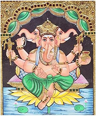 Egzotična Indija 13 x 14 Lord Ganesha sjedio je na slikarstvu Lotus Tanjore | Tradicionalne boje s 24k zlatom | Teakwoo