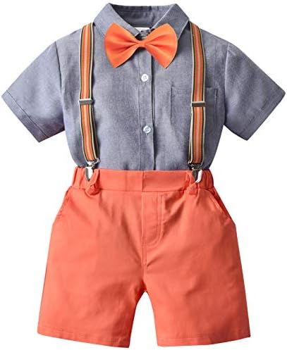 Boys Boys Gentleman Outfit Set, košulja s kratkim rukavima Kratke hlače suspender Bowtie 4PCS formalne tuxedo odijela 1-7 godina