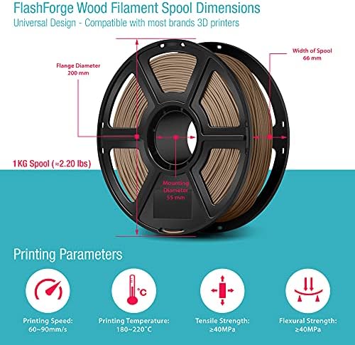 Flashforge Wood 3D filament pisača, 1,75 mm, 1kg kalem, zajamčena svježa, dimenzionalna točnost +/- 0,02 mm, bez zapleta, odgovara