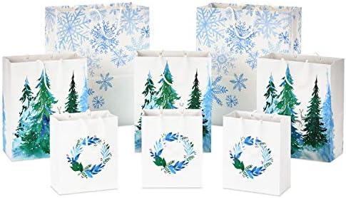 Hallmark Reciklirajuće blagdanske poklon torbe održive bijele s vijencima, snježnim pahuljicama i drvećem za Božić, hanuka, vjenčanja,