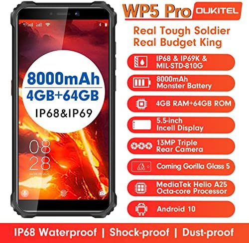 OUKITEL WP5 PRO Robusni otključani pametni telefon, 5,5''HD+ zaslon, 8000mAh baterija robusni mobitel, 4GB+ 64GB Android, IP68 Vodootporan