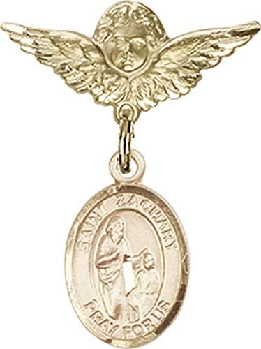Dječja značka za djecu s amuletom Svetog Zaharije i Pribadačom za značku anđeo s krilima / dječja značka od 14k zlata s amuletom svetog