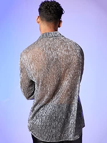 WDIRARA Muška puna mreža Vidi kroz Glitter gumb prednje košulje s dugim rukavima