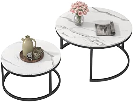 Moderni stolić za gniježđenje, mramorni izgled sofe, set okruglih završnih stolova, set od 2, okvir u crnoj boji s drvenom pločom -