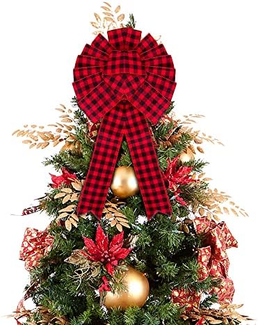 Iceyyyy 2 Paketi božićno drvce Topper Bow - 18,5 inča Veliki crveni i crni bivolo blesavo drveti Topper Bow Dekoracija za božićnu zabavu
