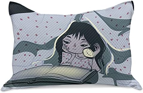 Ambasonne crtani pleteni jastuk od prekrivača, djevojčica za čitanje knjige ispod pokrivača pomoću spavaće sobe, standardni poklopac