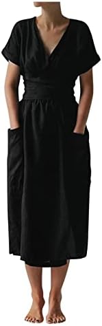 Ženska pamučna lanena haljina Ljetna kratka rukava V vrat Maxi haljine ležerne solidne boje dugačke haljine s džepovima